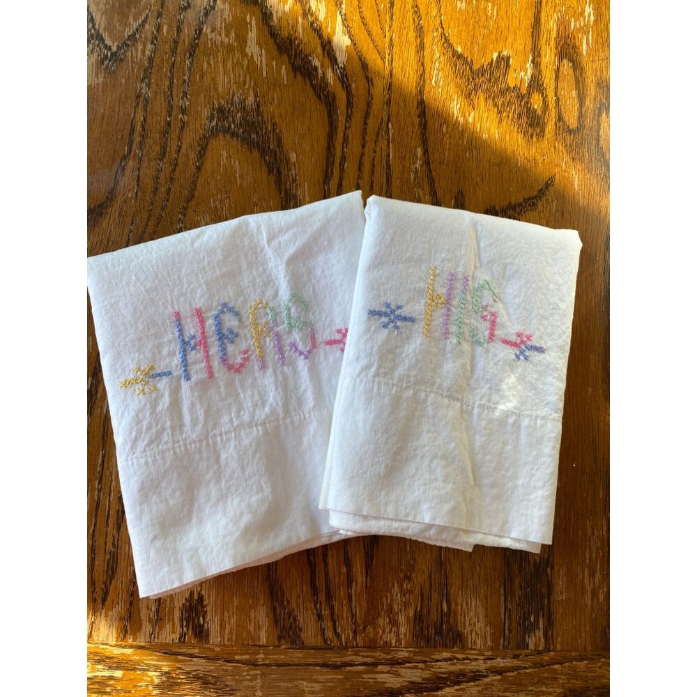 Vintage His & Hers Embroidered Pillowcases Set Of 2 White Cotton Cross Stitch Ne